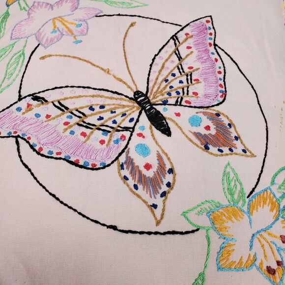 Vintage Hand Crafted Embroidery Butterfly Throw Pillow 10x12 Inch - Picture 2 of 4